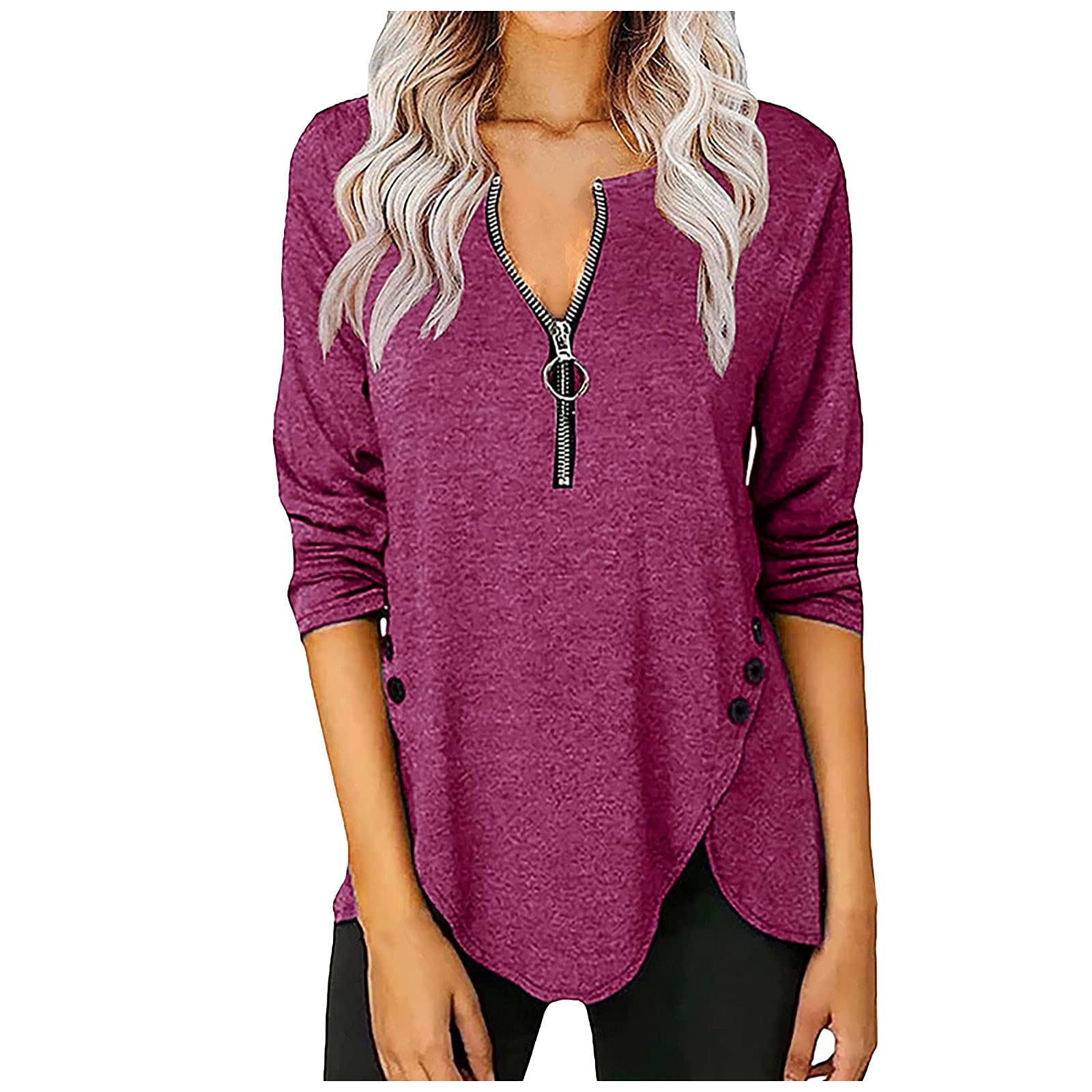 Trendy Women's Spring Fashion V-Neck Blouse - Casual Long Sleeve Button Trim Zipper Top Shirt | Perfect for Office Wear, Date Night & Everyday Outfits