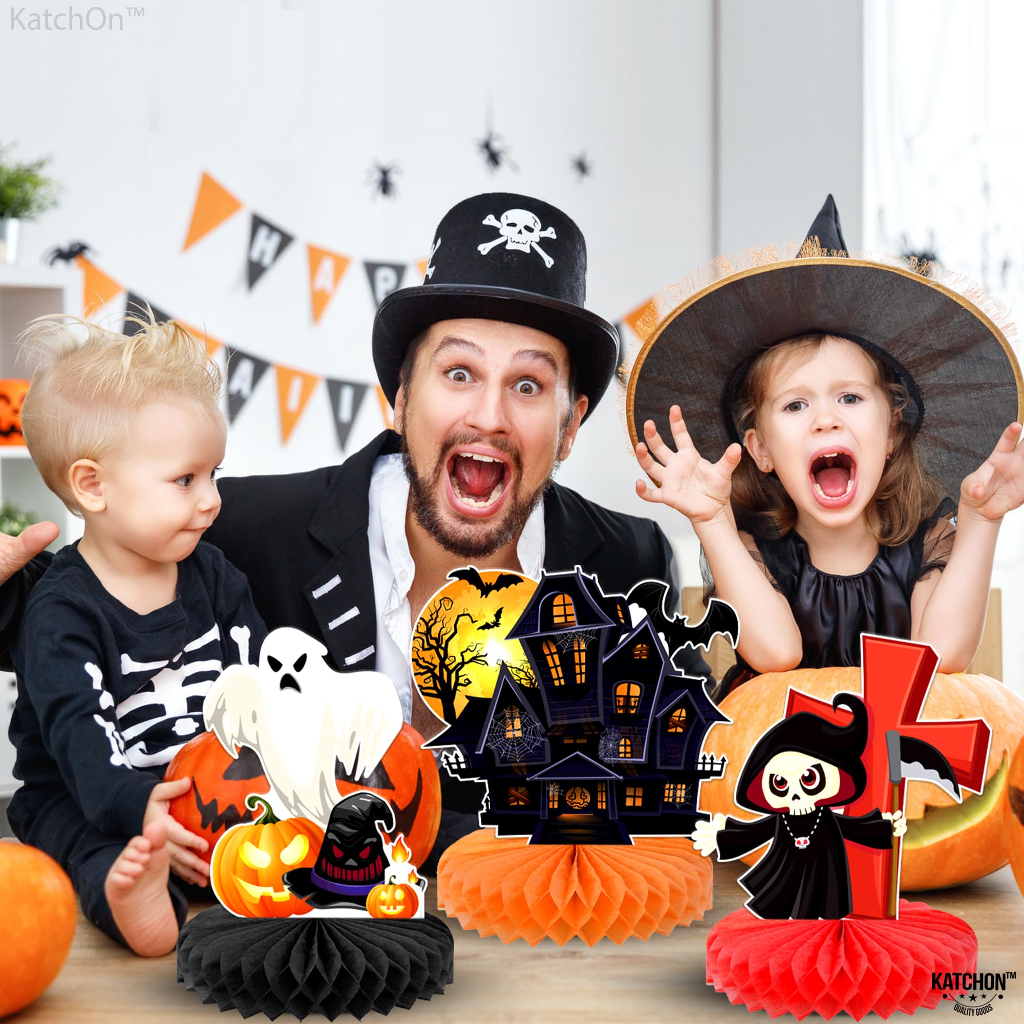 Spooky Halloween Table Decorations - Pack of 9 Haunted Ghost, Pumpkin & Cat Honeycomb Centerpieces for Halloween Party Decor | Perfect for Halloween Dinner, Haunted House & Spooky Party Decorations