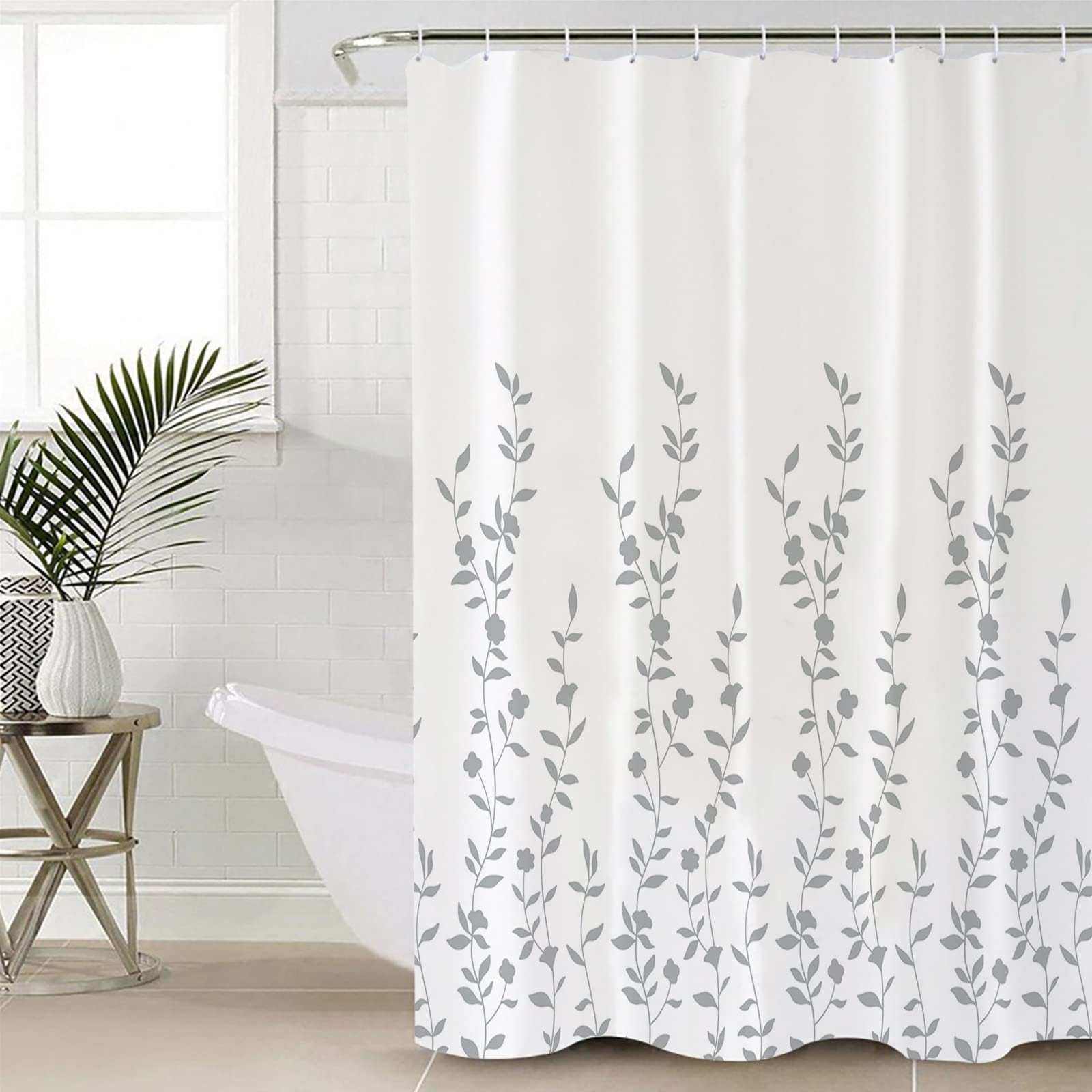 ZOE GARDEN White Grey Floral Shower Curtain Set with Hooks - 60x72 Inch Waterproof Polyester Bathroom Decor - Summer Flower Plant Design for Modern Bathrooms & Guest Baths