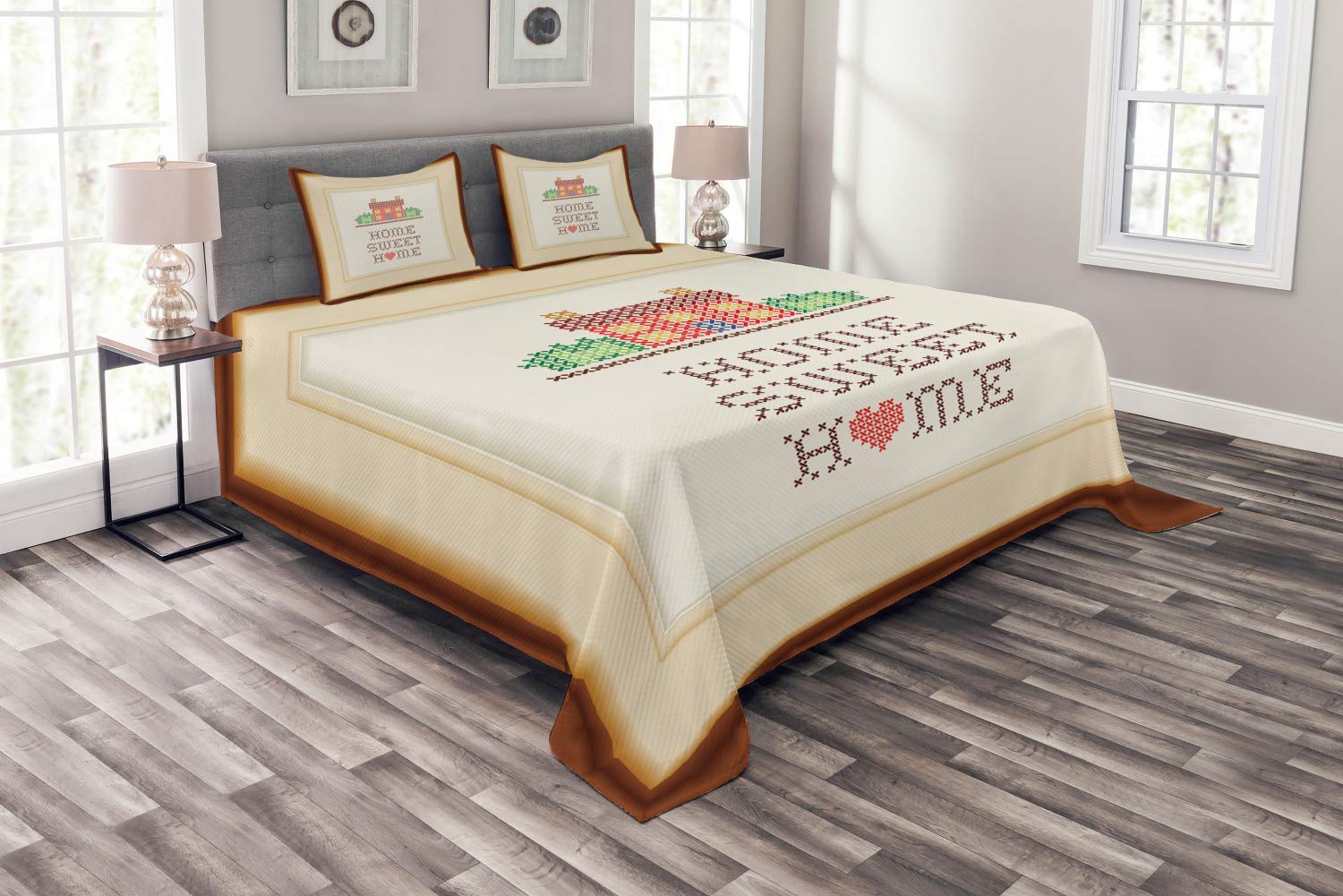 Ambesonne Handcrafted House with Garden Illustration Bedspread Set - King Size 3-Piece Quilted Coverlet with 2 Pillow Shams, Multicolor Square Frame Print | Perfect for Farmhouse, Cottage & Boho Chic Bedroom Decor