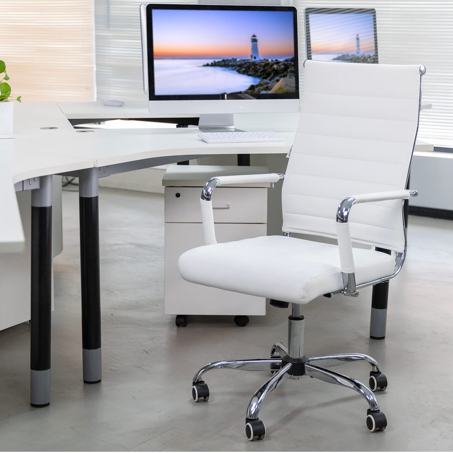 Okeysen Ergonomic Office Desk Chair - Modern PU Leather High Back Executive Swivel Rolling Chair with Ribbed Design for Home Office & Conference Room | Comfortable Workstation Seating for Long Hours