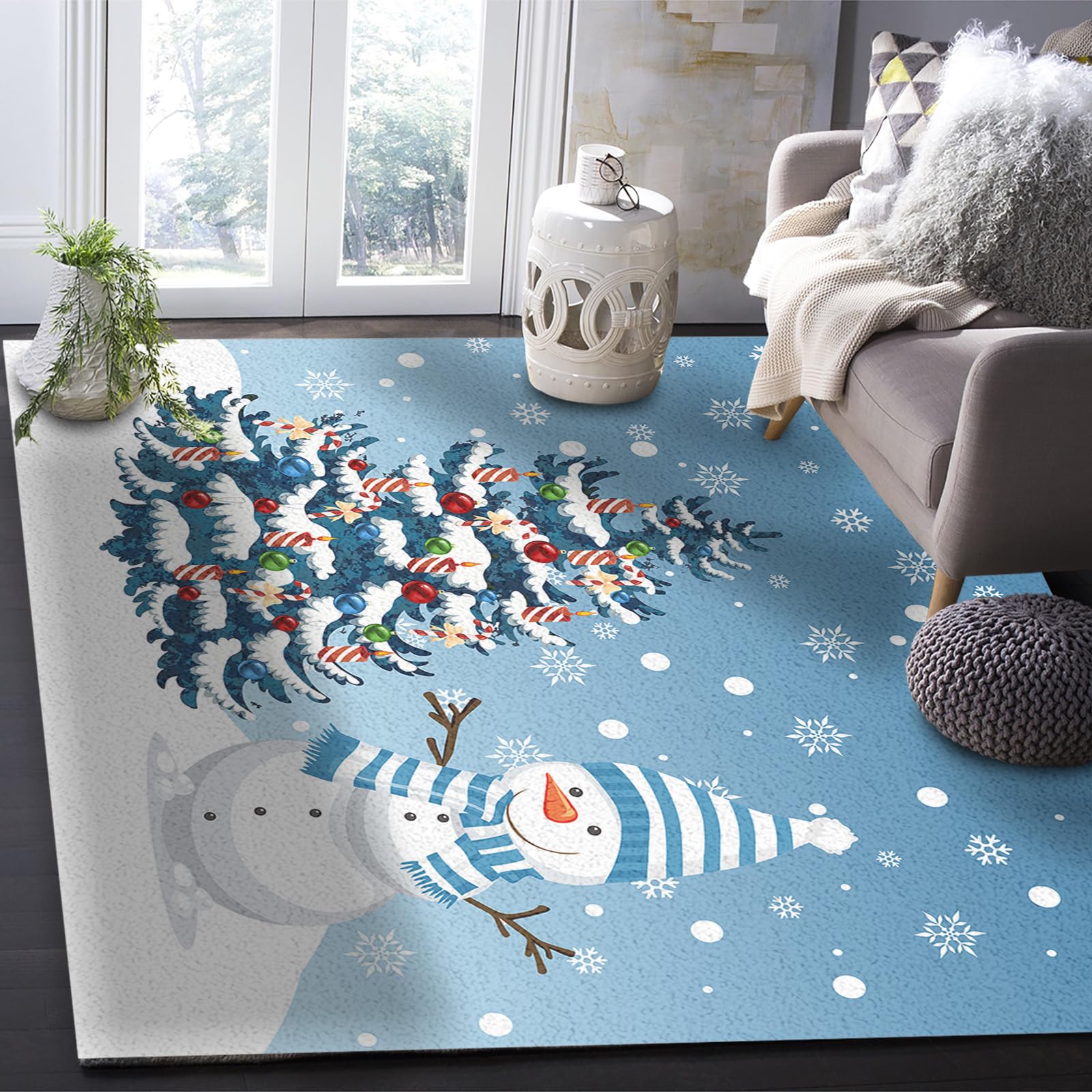 Blue Christmas Snowman Area Rug - Non-Slip Washable Xmas Tree with Balls & Snowflake Design - 4x6 Ft Indoor Floor Mat for Living Room, Bedroom, Dining Room - Perfect Holiday Home Decor (Great for Cozy Winter Gatherings & Festive Celebrations)