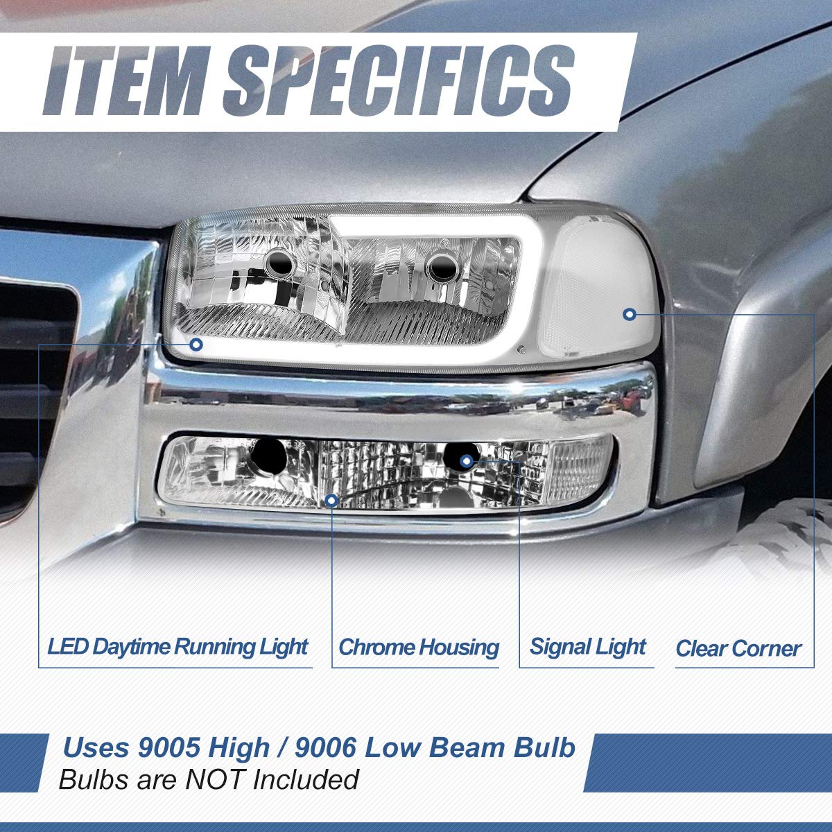 Auto Dynasty LED Headlights for 1999-2007 GMC Sierra/Yukon XL - 4Pcs DRL Assembly with Chrome Housing | Off-Road & Night Driving Upgrade