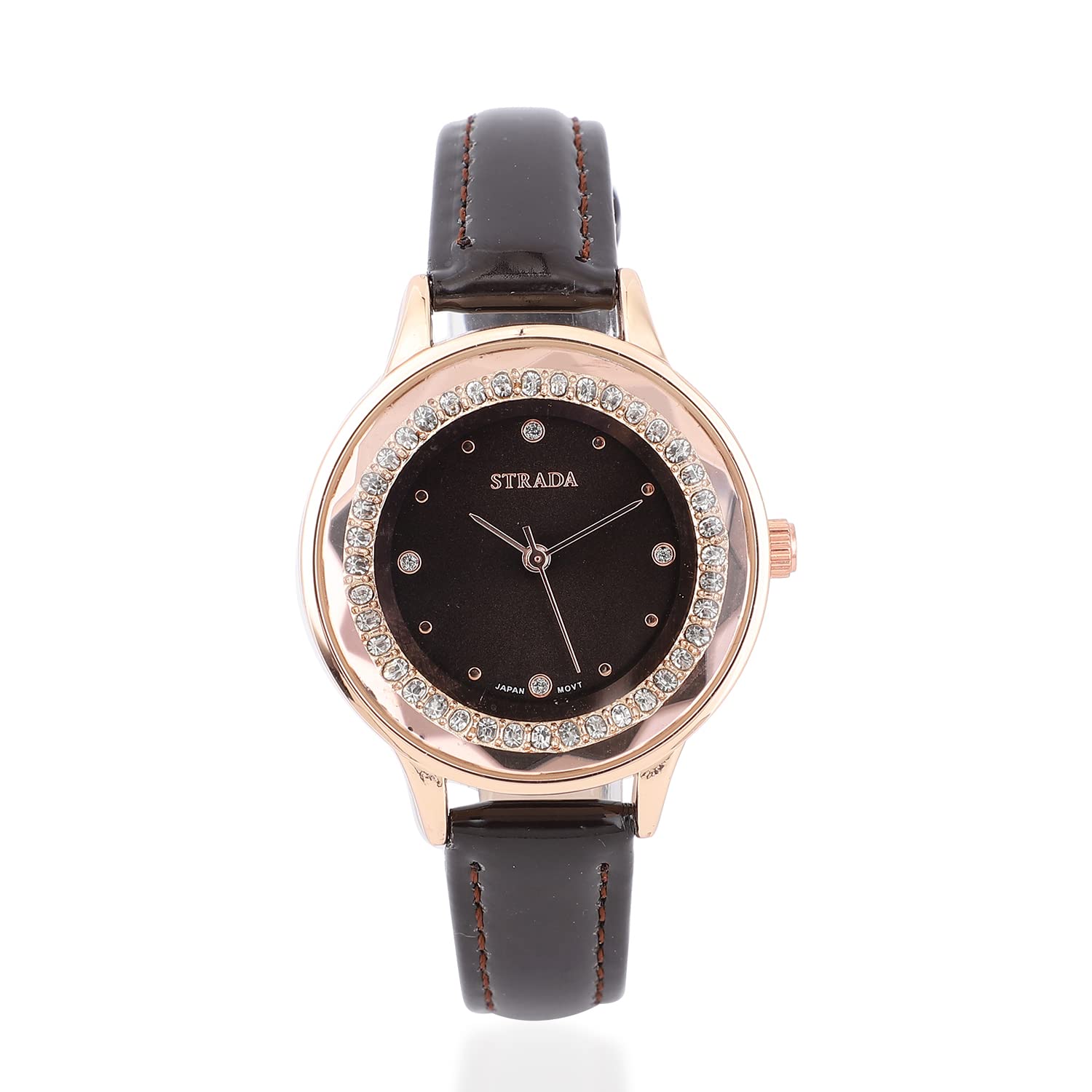 Strada Crystal Japanese Movement Watch with Faux Leather Band - Elegant Quartz Analog Wristwatch for Men & Women - Perfect for Business, Casual & Formal Occasions