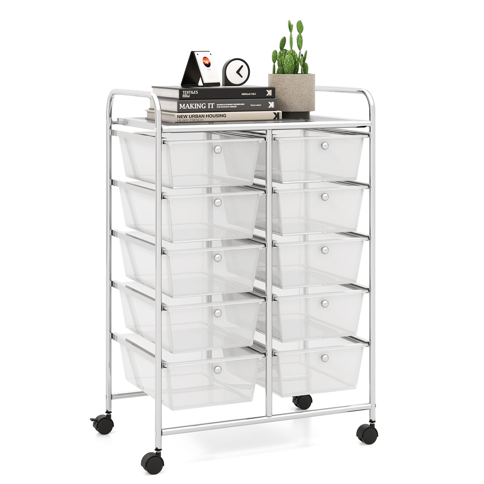 LDAILY 10-Drawer Rolling Storage Cart Organizer with Wheels | Metal Frame & Large Capacity | Mobile Utility Cart for Living Room, Classroom, Office Organization | Perfect for Craft Supplies, School Materials & Office Essentials (Clear)
