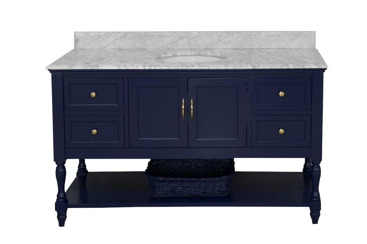 Beverly 60-inch Single Bathroom Vanity with Carrara Marble Top & Royal Blue Cabinet - White Ceramic Sink Included | Modern Bathroom Furniture for Master Bath, Guest Bath & Powder Room | Durable Italian Marble Countertop & Spacious Storage