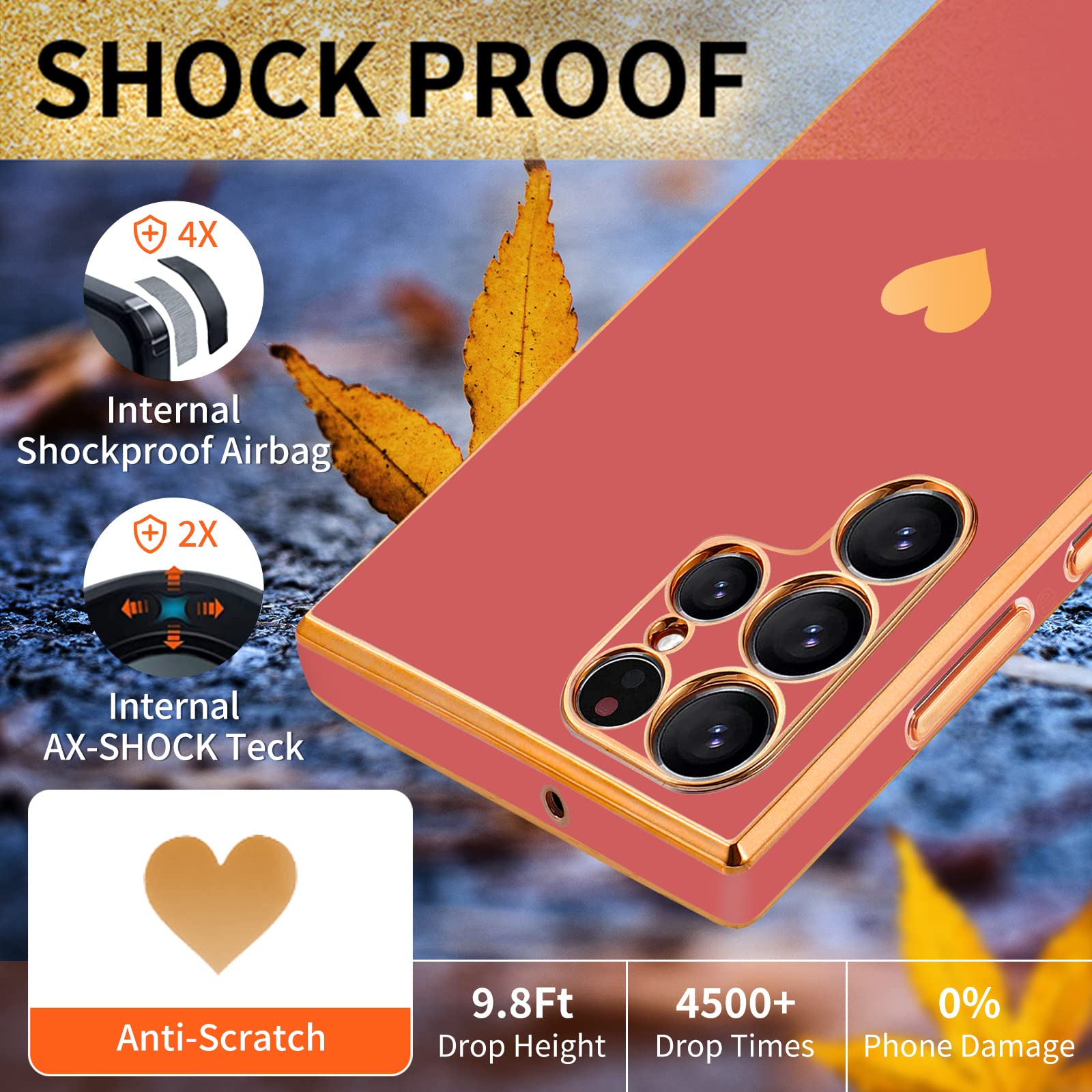 **Stylish 3-in-1 Heart Pattern Phone Case for Samsung Galaxy S22 Ultra - Cute Aesthetic Love Design, Black & Gold Luxury Cover with Screen Protector & Chain (Red) - Perfect Gift for Women & Girls**    **Usage Scenarios:** Ideal for daily use, travel, parties, or as a trendy gift for Valentine's Day, birthdays, or special occasions.