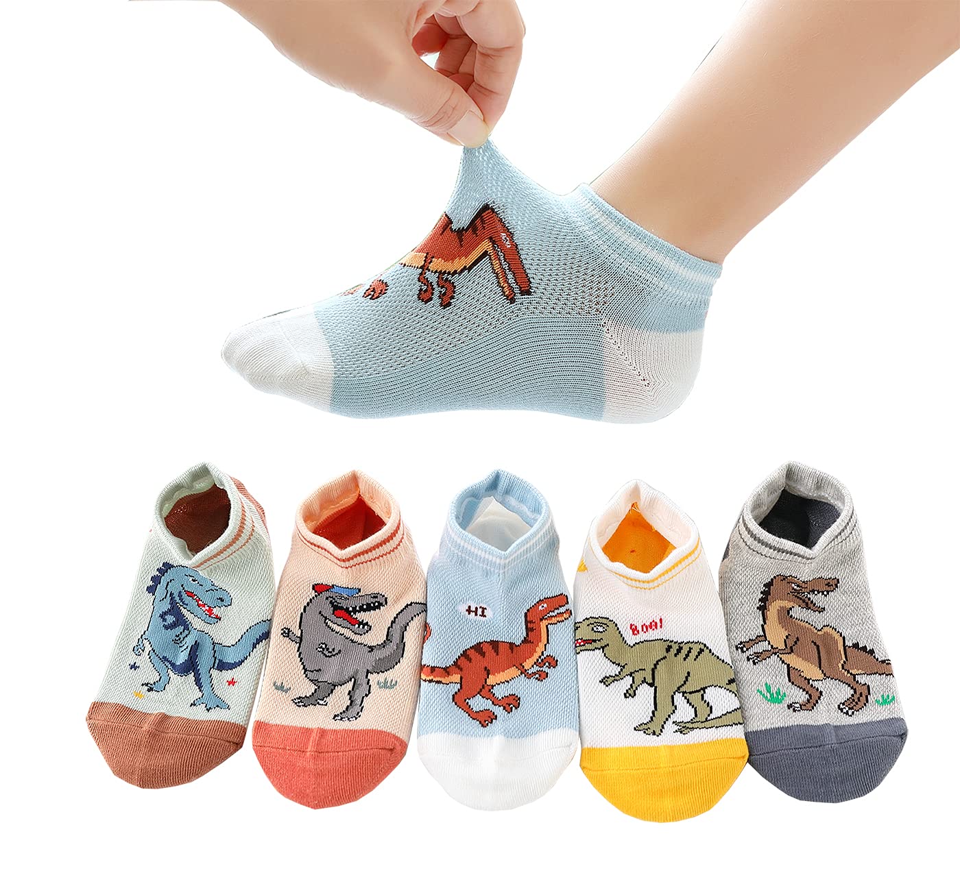 CHUNG Boys Cotton Ankle Socks 5/10 Pack - Low Cut Dinosaur Print Mesh Socks for Kids 2-9 Years - Lightweight Breathable for School, Running, Sports & Casual Wear - Perfect for Daily Activities and Playtime