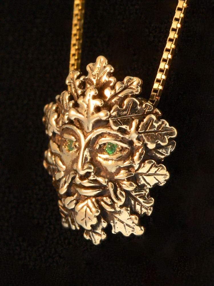 14K Gold Green Man Pendant Necklace with Tsavorite Gemstone Eyes - Nature Inspired Leaf Man Charm Jewelry for Women, Perfect for Boho Fashion, Spiritual Gifts & Nature Lovers