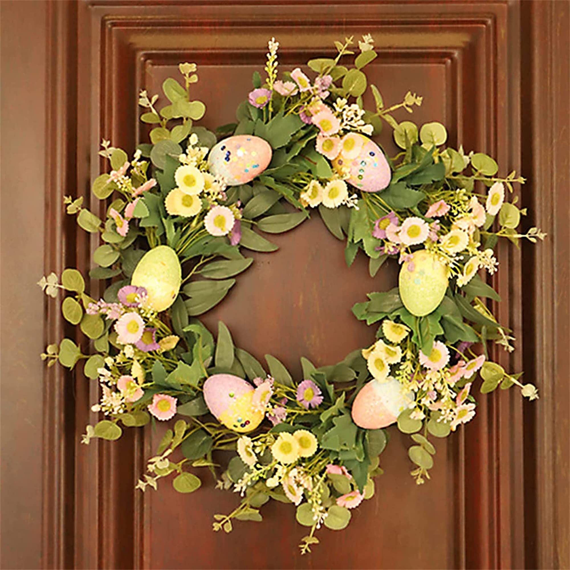Easter Wreath for Front Door - 45cm Artificial Flower Wreath with Flowers, Eggs & Green Leaves - Spring Easter Decor for Door, Wall & Window - Perfect for Home, Church & Party Decorations (Green)