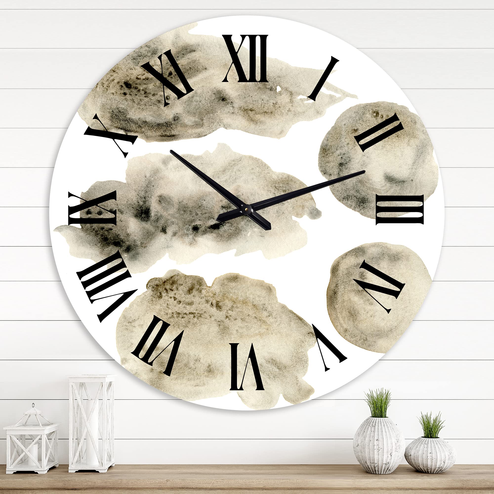 DesignQ Modern Abstract Grey & Golden Beige Clouds II Fractal Wall Clock - Large Decorative Clock for Living Room, Bedroom, Office | Perfect Home & Office Decor Gift