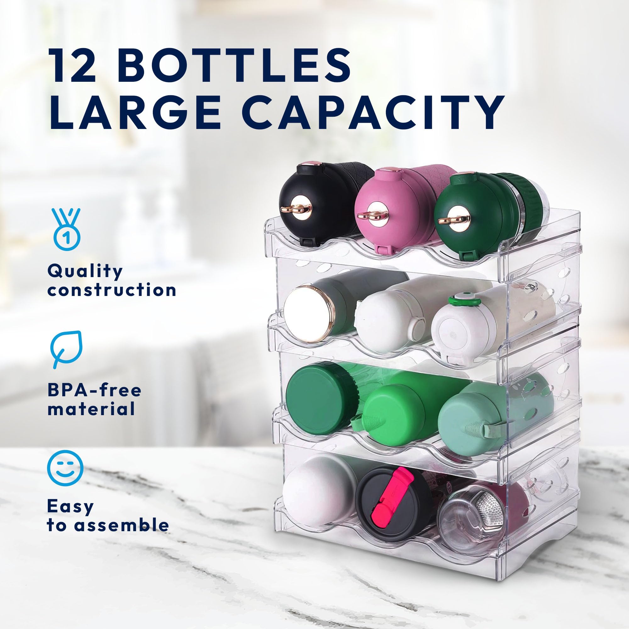 4-Tier Water Bottle Organizer & Wine Rack - Space Saving Kitchen Storage for Cabinets, Pantry & Fridge - Perfect for Organizing Bottles, Cans & Kitchen Essentials in Small Spaces