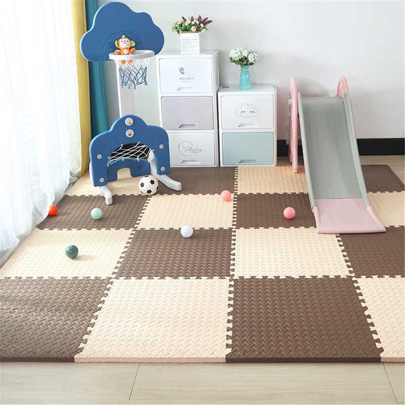 Non-Toxic Baby Foam Play Mats - 60x60x1.2cm EVA Puzzle Floor Tiles for Kids Playroom, Nursery & Living Room - Soft Interlocking Exercise Mats (9-Piece Set, Beige/Brown) - Perfect for Crawling, Learning & Safe Playtime