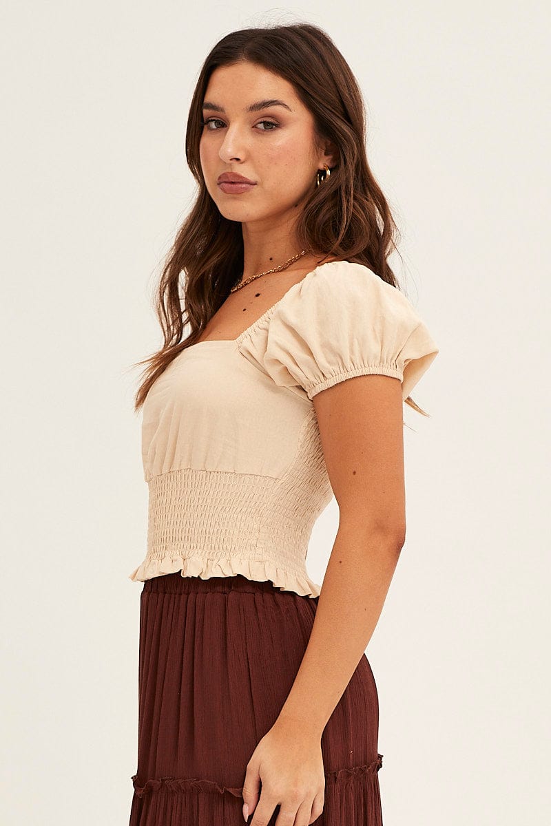 Trendy Beige Crop Top with Puff Sleeves for Women - Summer Fashion, Casual Outfits & Streetwear Style