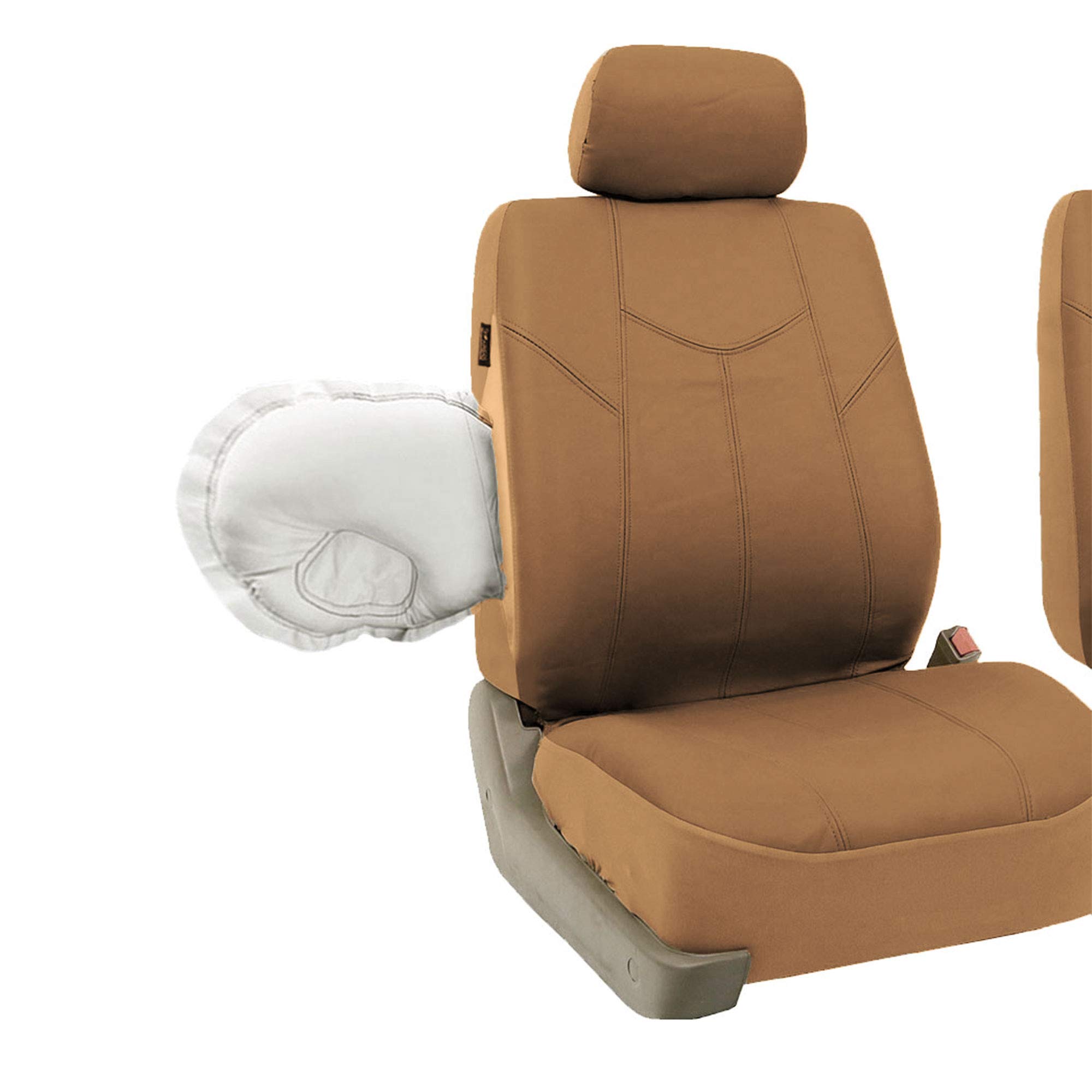 FH Group Car Seat Cover Cushion - 2 Pack Universal Fit Waterproof Faux Leather Seat Covers for Cars, Trucks & SUVs (Tan) - Comfortable & Durable Protection for Long Drives & Daily Commutes