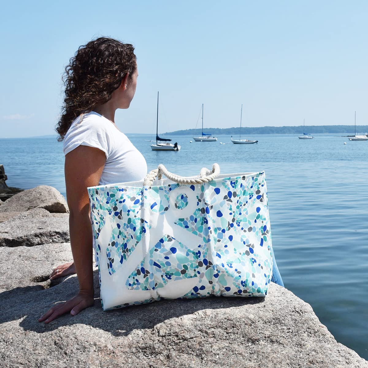 Eco-Friendly Recycled Sailcloth Tote Bag with White Anchor & Sea Glass Print - Large Beach Bag, Travel Tote, Work Bag with Rope Handles | Perfect for Beach Trips, Grocery Shopping & Daily Commute