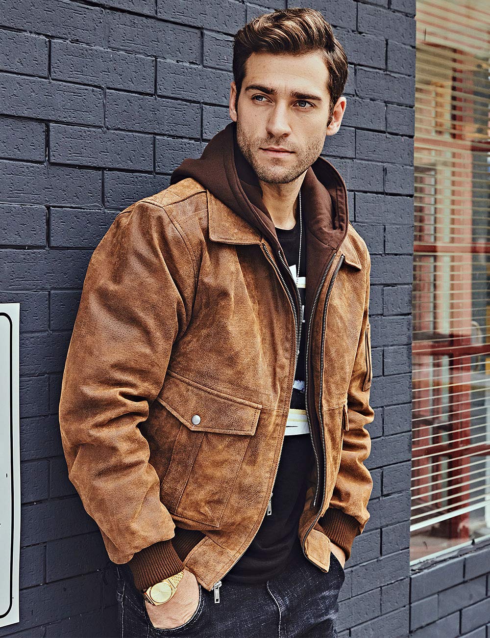 FLAVOR Men's Genuine Leather Flight Bomber Jacket - Classic Air Force Aviator Style Jacket for Men - Perfect for Motorcycle Riding, Casual Wear & Outdoor Adventures