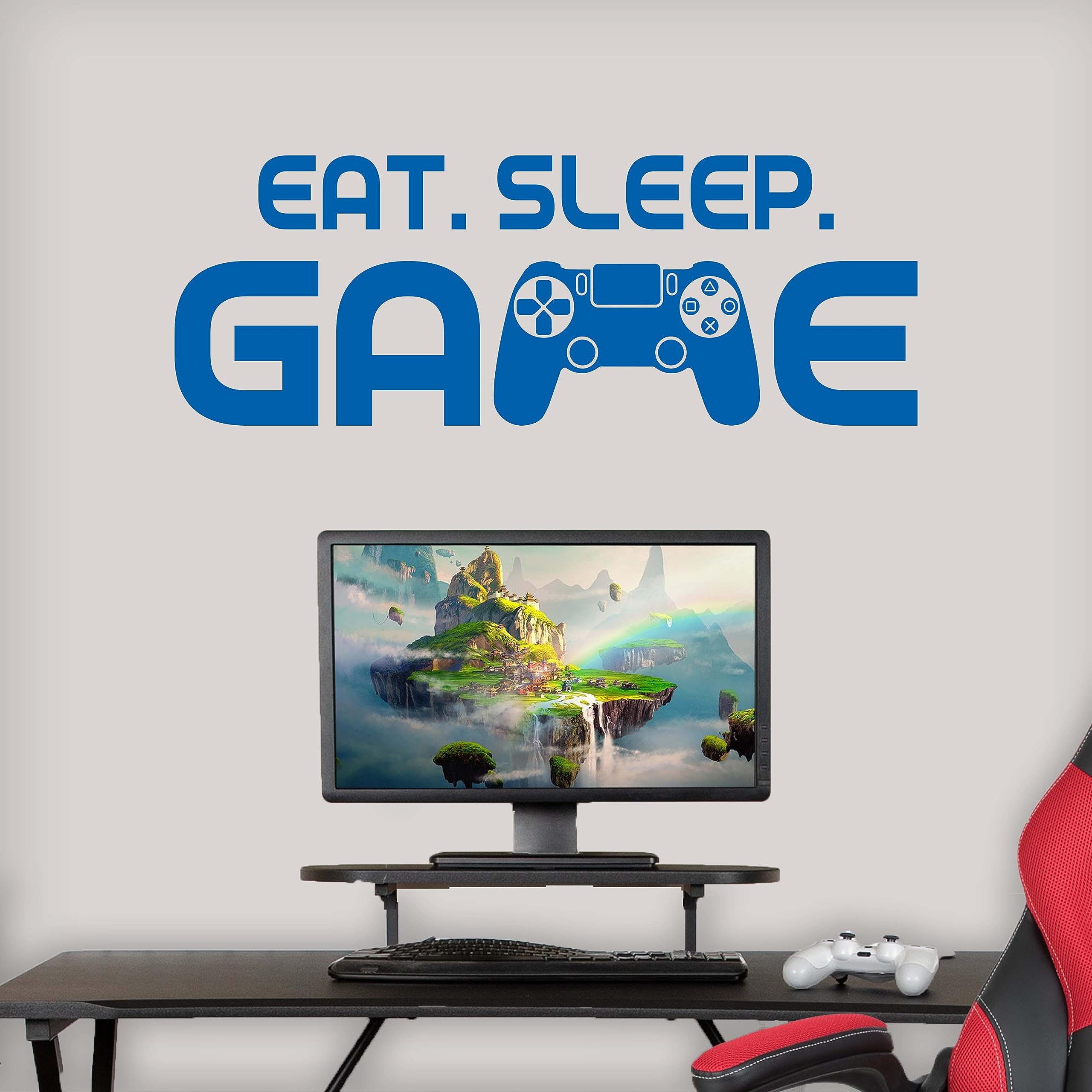 Eat Sleep Game Wall Decal Stickers - Boys Gaming Room Decor | Video Game Wall Art for Bedroom & Man Cave | Removable Vinyl Decals for Gamers - Blue