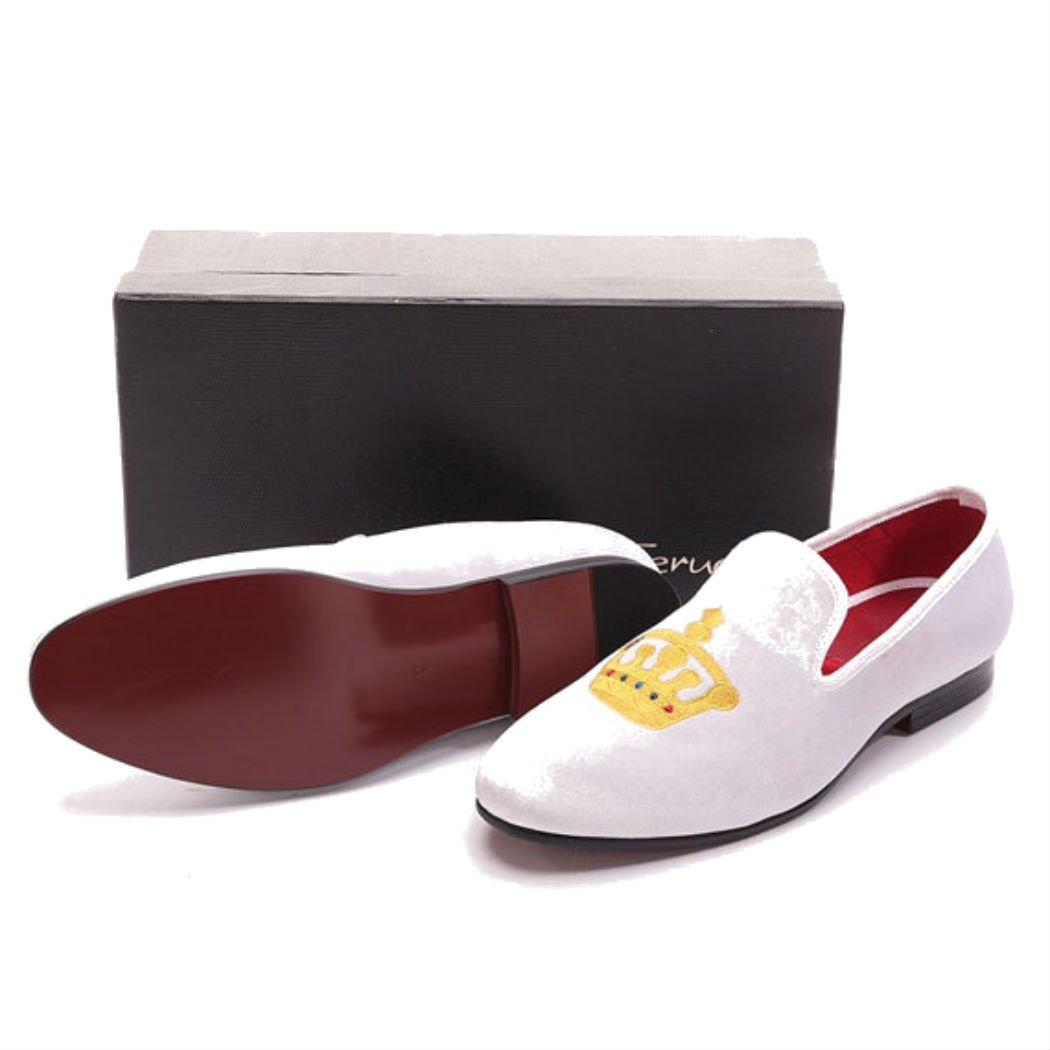 FERUCCI Men's Custom White Velvet Loafers with Gold Crown - Luxury House Slippers for Indoor Comfort & Elegant Lounging