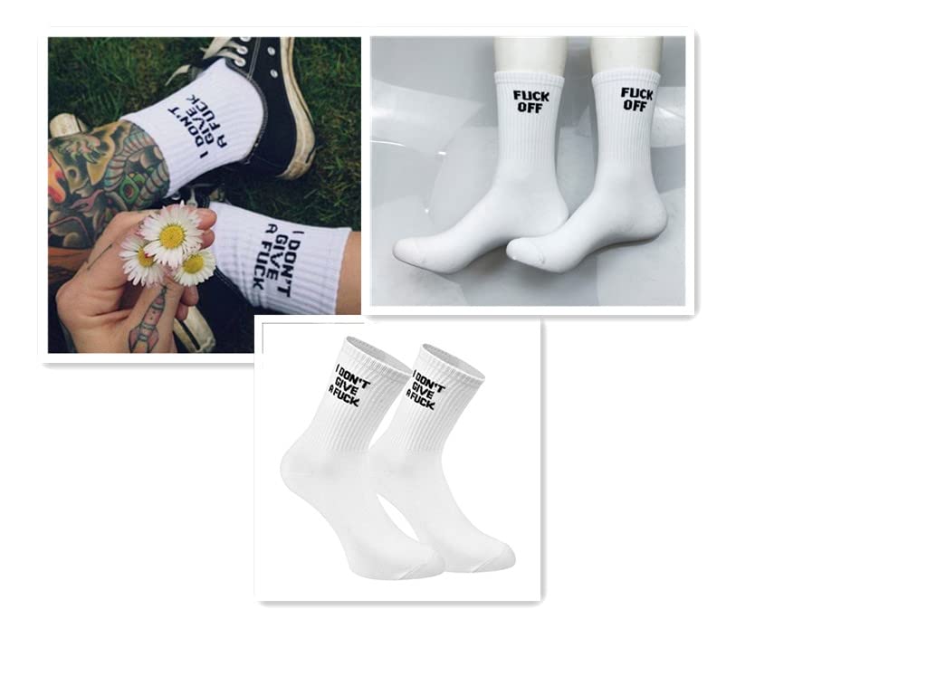 FUCK OFF Swear Word Printed Crew Socks - Funny Novelty Men's Tube Socks for Gag Gifts, Punk Fashion & Statement Outfits