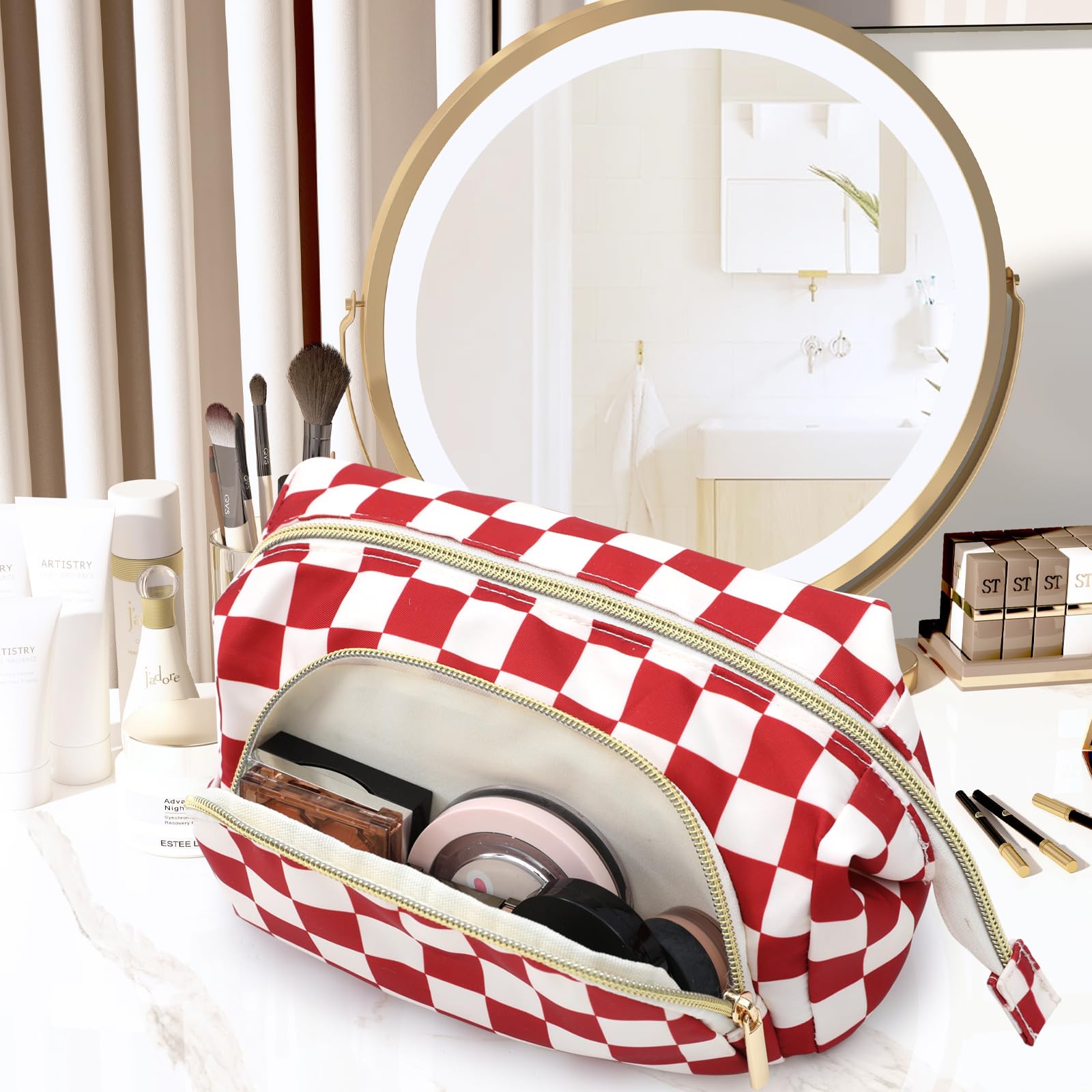 Waterproof Checkered Makeup Bag for Women Travel - Large Capacity Cosmetic Organizer with 3 Compartments, Red Toiletry Pouch | Perfect for Vacation, Gym & Daily Essentials Storage