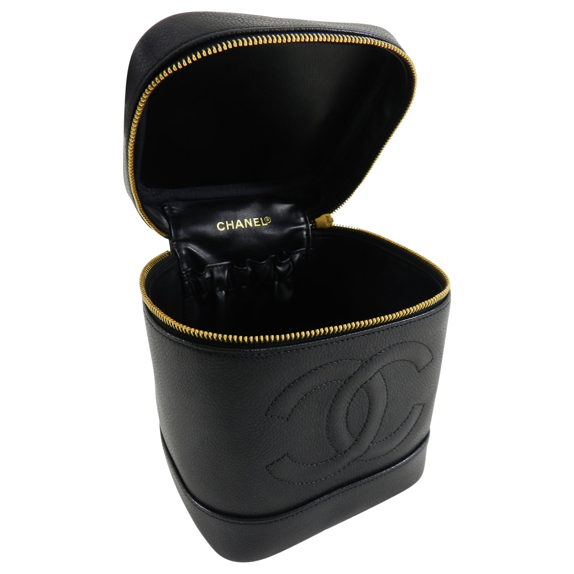 Vintage Chanel 1994 Caviar Leather CC Logo Vanity Travel Case Bag - Luxury Cosmetic Organizer for Travel, Parties & Special Occasions