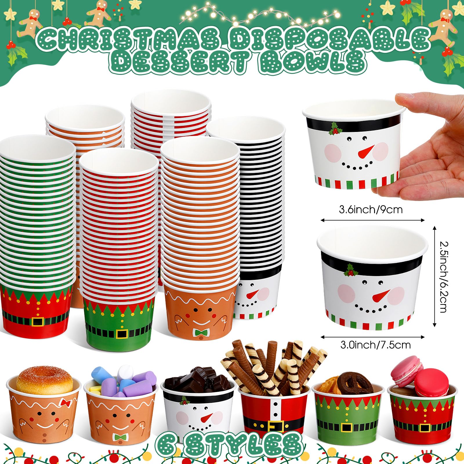 Zhehao 120-Pack 9oz Disposable Christmas Ice Cream Bowls | Paper Cups for Ice Cream, Soup, Snacks | Hot & Cold Food Containers | Picnic, Party, Holiday Decorations (6 Styles) - Perfect for Christmas Parties, Dessert Buffets & Family Gatherings