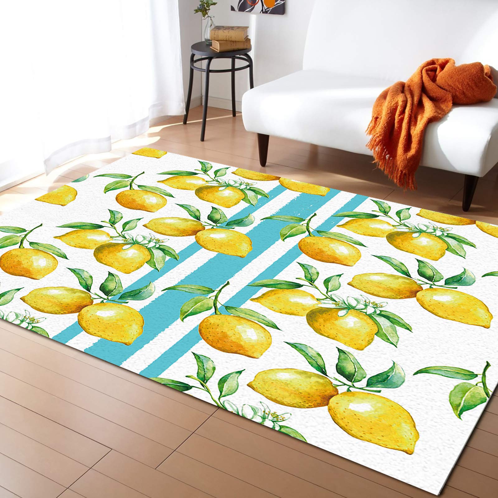 Non-Slip Summer Lemon Print Indoor Area Rug 5'x8' - Blue Yellow Fruit Pattern Bathroom Mat & Kitchen Runner for Bedroom, Living Room, Kids Room | Perfect for Home Decor, Floor Protection & Cozy Spaces