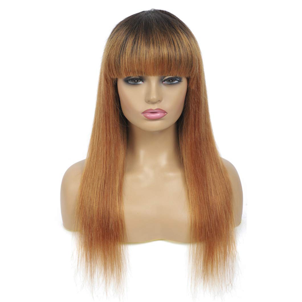 Ombre Brown Brazilian Straight Human Hair Wig with Bangs - 14 Inch Non-Lace Machine Made Wig for Black Women | Natural Look, Comfortable Wear | Perfect for Daily Use, Parties & Special Occasions