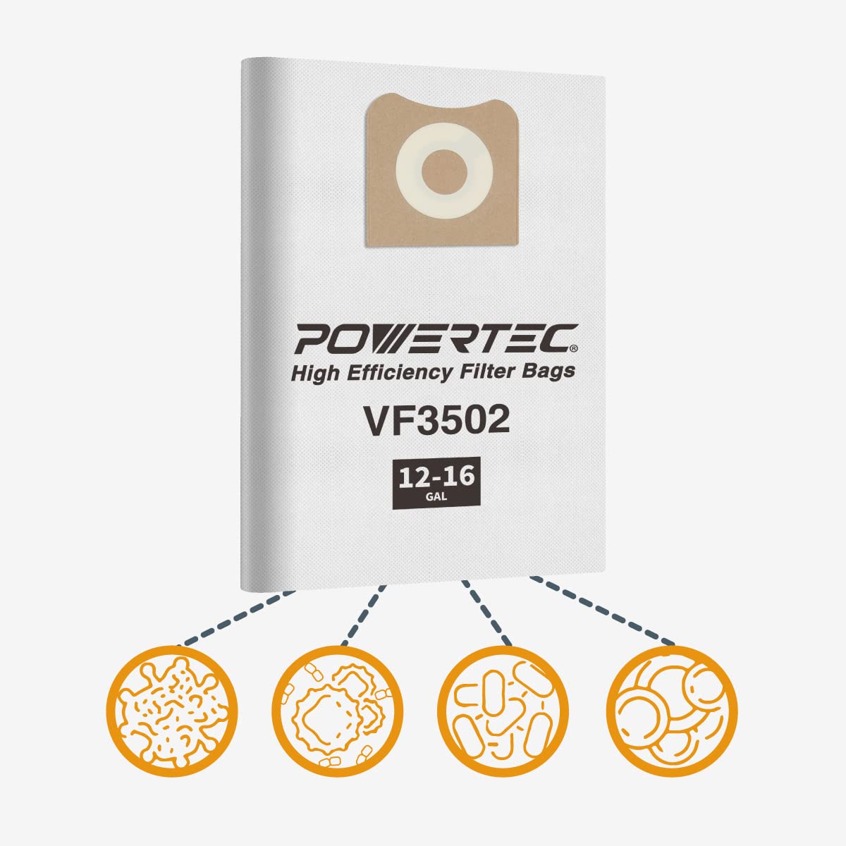 POWERTEC 23743 VF3502 Size A Shop Vacuum Bags - 10 Pack for Ridgid 12-16 Gallon Wet/Dry Vacuums (HD1200, HD1400, 75002-P5V) | Heavy Duty Dust Collection for Woodworking, Construction & Home Cleaning