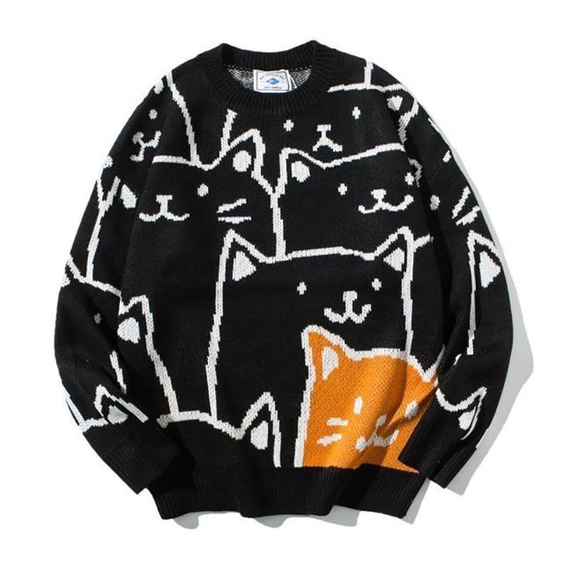 Japanese Gothic Cat Graphic Men's Grandpa Sweater - Emo Alt Crewneck Knit Long Sleeve Top | Y2K Vintage Streetwear for Casual Outfits & Alternative Fashion