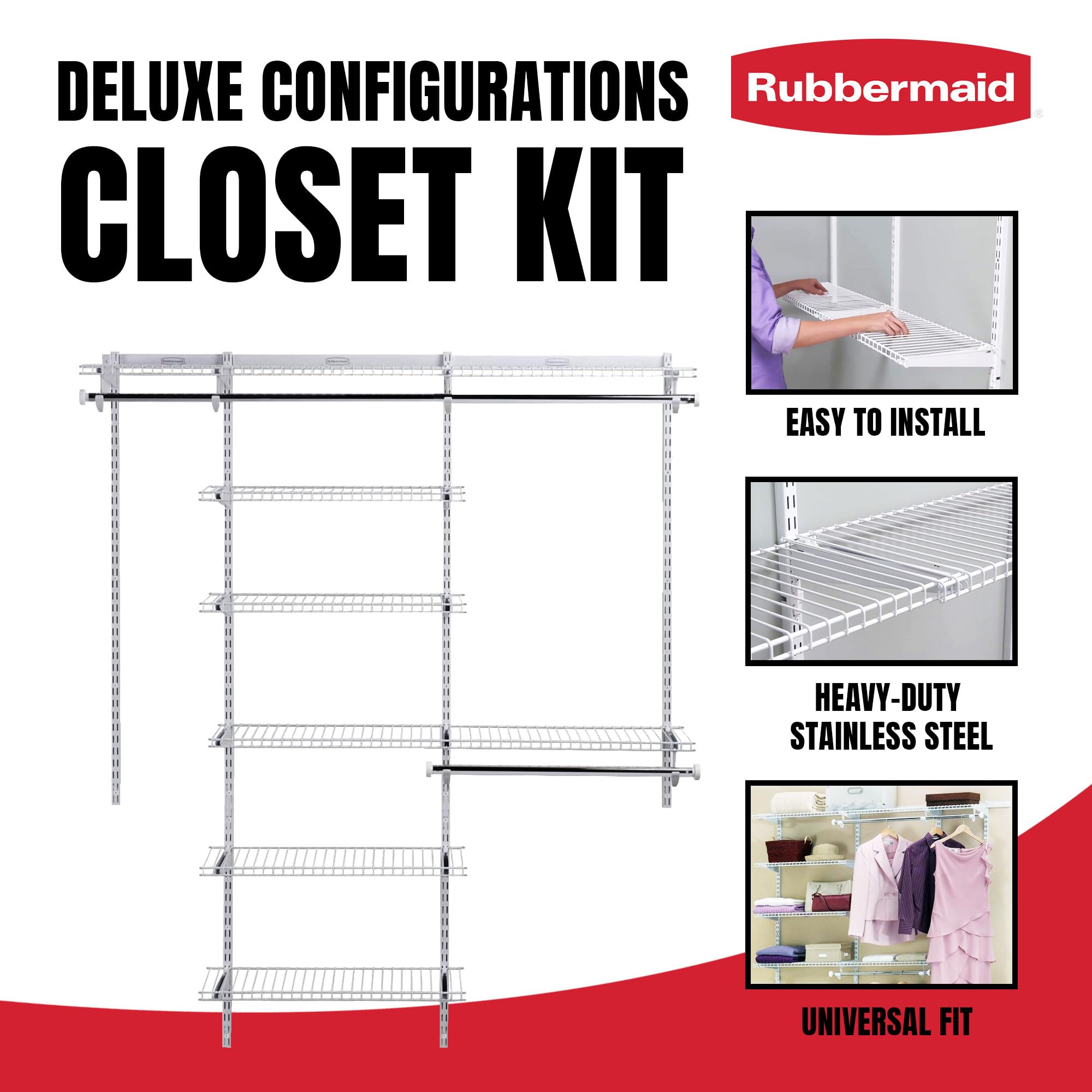 Rubbermaid Configurations Deluxe Custom Closet Kit - 3-6 Ft Adjustable Metal Wire Shelving System in White | Expandable Storage Organizer with Hardware Included | Perfect for Home Closet, Pantry, Laundry Room & Mudroom Organization