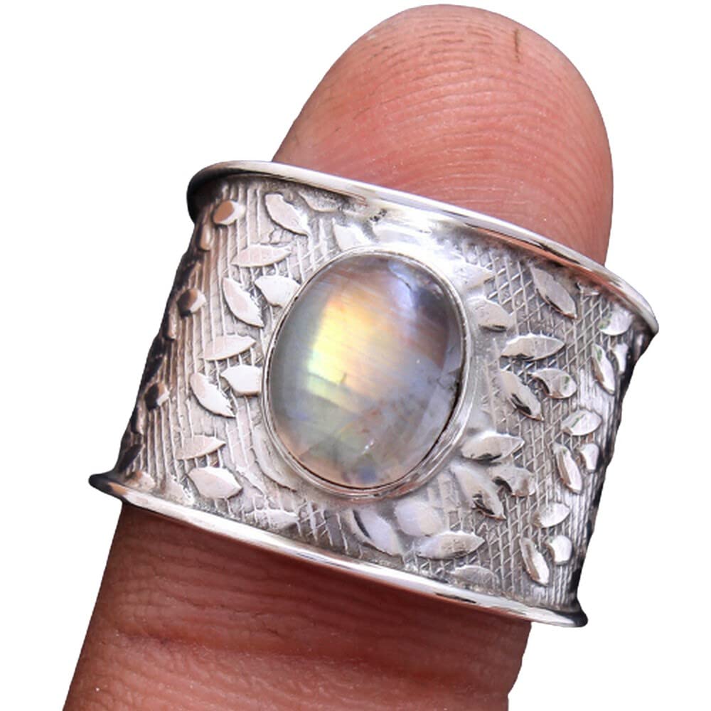 Moonstone 925 Sterling Silver Rings for Women | Oval Gemstone Bridesmaid Rings | Handmade Bezel Set Wide Band Rings – Perfect for Weddings, Engagements & Special Occasions