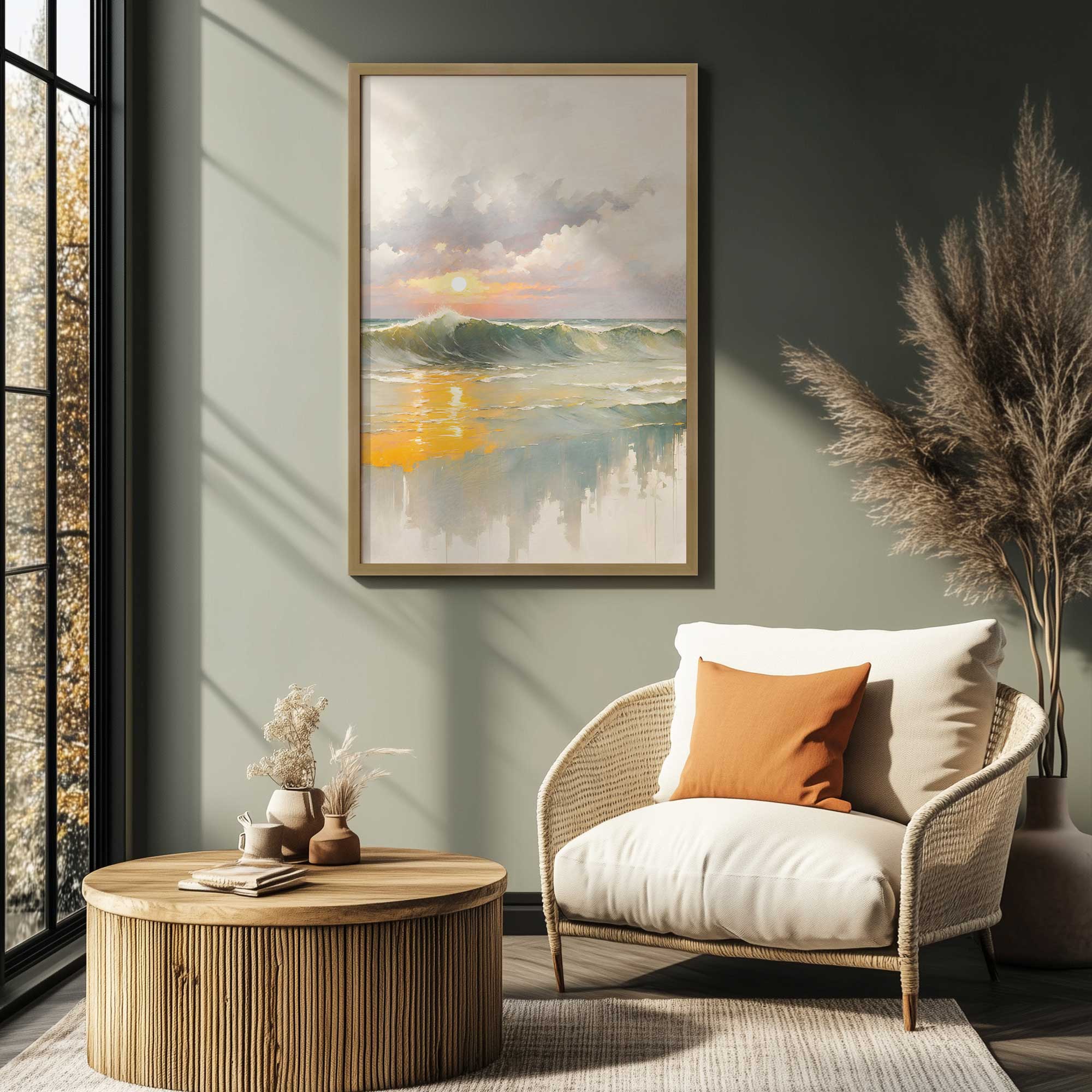 Golden Waves at Sunset Wall Art Print - Coastal Beach Decor for Living Room, Bedroom & Office | Ocean Sunset Painting for Home & Office Decor