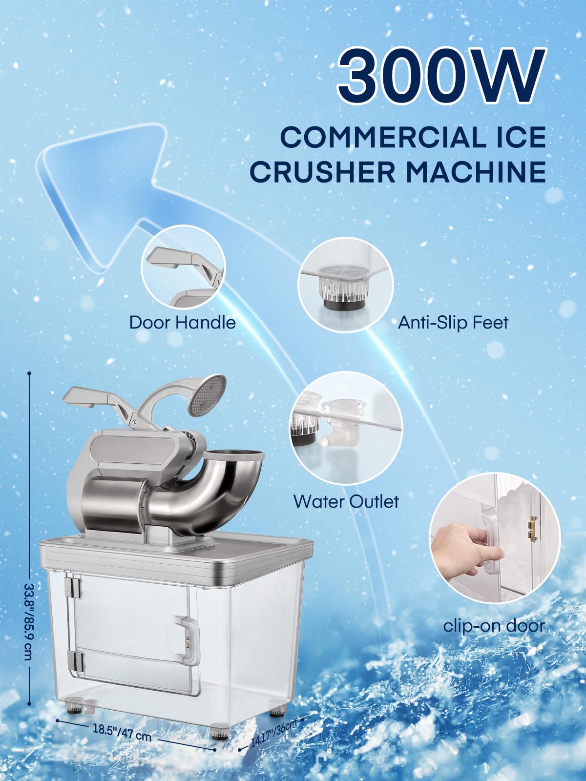 FOHERE 34L Commercial Snow Cone Machine - 665LBS/H Electric Ice Crusher & Shaver, 300W Heavy Duty for Shaved Ice - Perfect for Parties, Family Gatherings, Events, Carnivals & Food Trucks