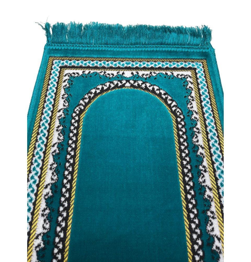 Premium Child Velvet Islamic Prayer Rug with Vine Border Arch Design in Turquoise - Perfect for Kids' Prayer, Home Worship, and Gift Giving