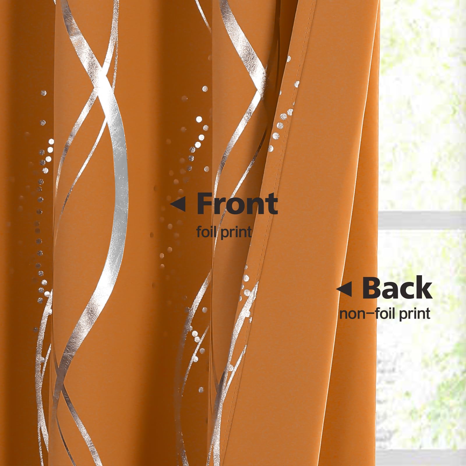 BUHUA Blackout Curtains 63 Inch Length 2 Panels Set - Thermal Insulated Noise Reducing Room Darkening Curtains for Bedroom Living Room with Wave Striped Foil Print (52 x 63 Inches, Orange) - Perfect for Home Theater, Nursery & Light Sleepers