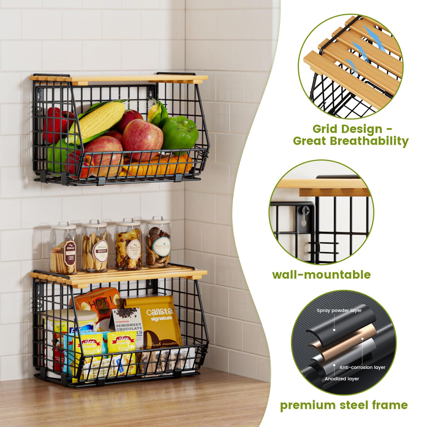 Wire Fruit Basket for Kitchen Storage - Hanging & Stackable Counter Basket for Vegetables, Potatoes, Onions | 3-Pack Pantry Organizer for Fresh Produce Storage