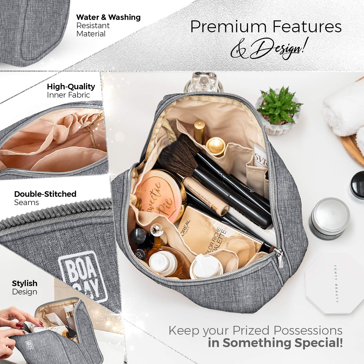 BOACAY Large Makeup Bag for Women - Waterproof Travel Cosmetic Organizer with Zipper, Perfect for Toiletries, Brushes & Accessories | Ideal for Travel, Gym & Daily Use