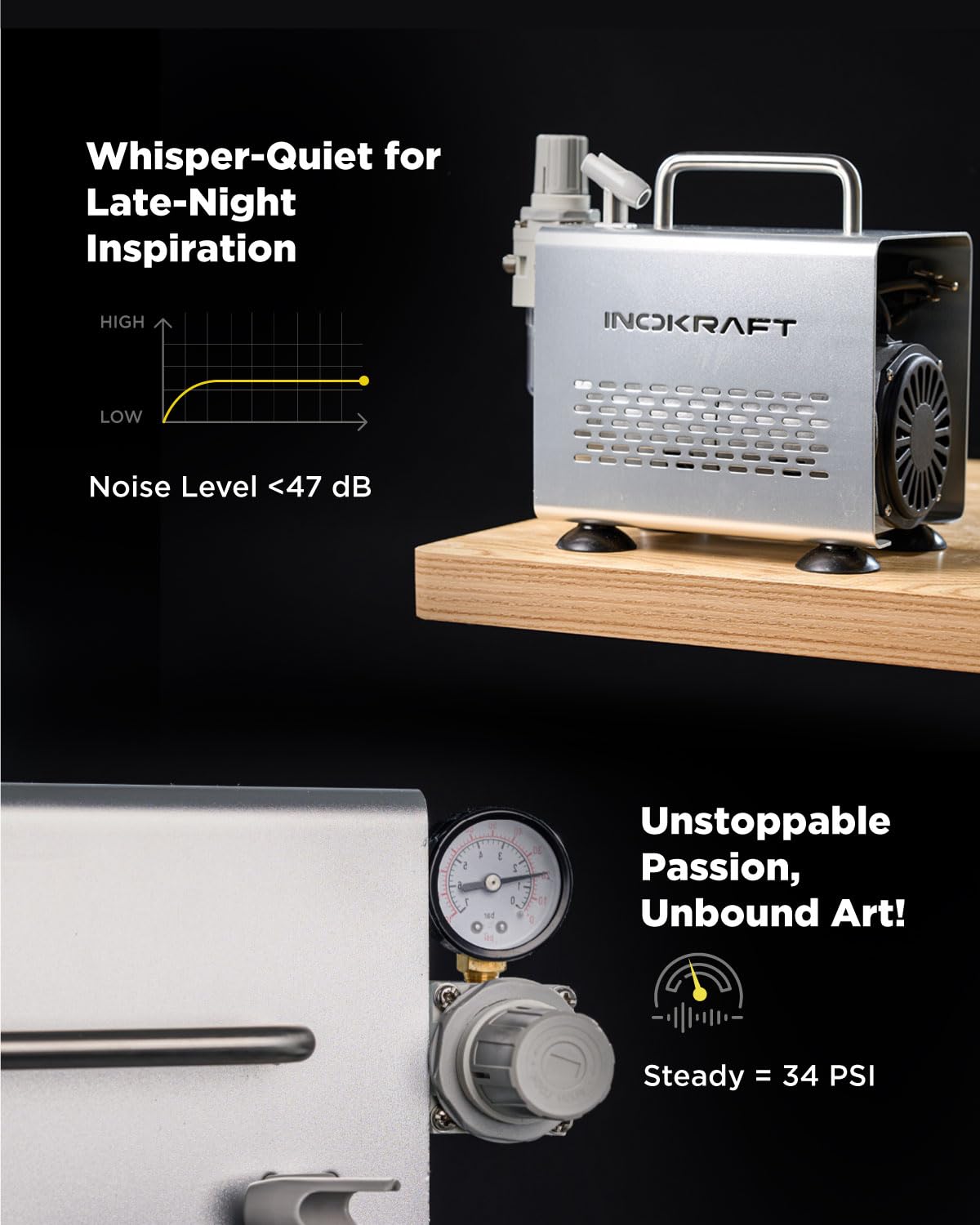 InoKraft Professional Airbrush Kit with 1/6 HP Quiet Air Compressor - 3 Nozzle Sizes (0.2mm, 0.3mm, 0.5mm) Gravity Feed Airbrush - Complete Set with Hose, Holder & Guide - Perfect for Model Painting, Cake Decorating, T-Shirt Design & DIY Art Projects