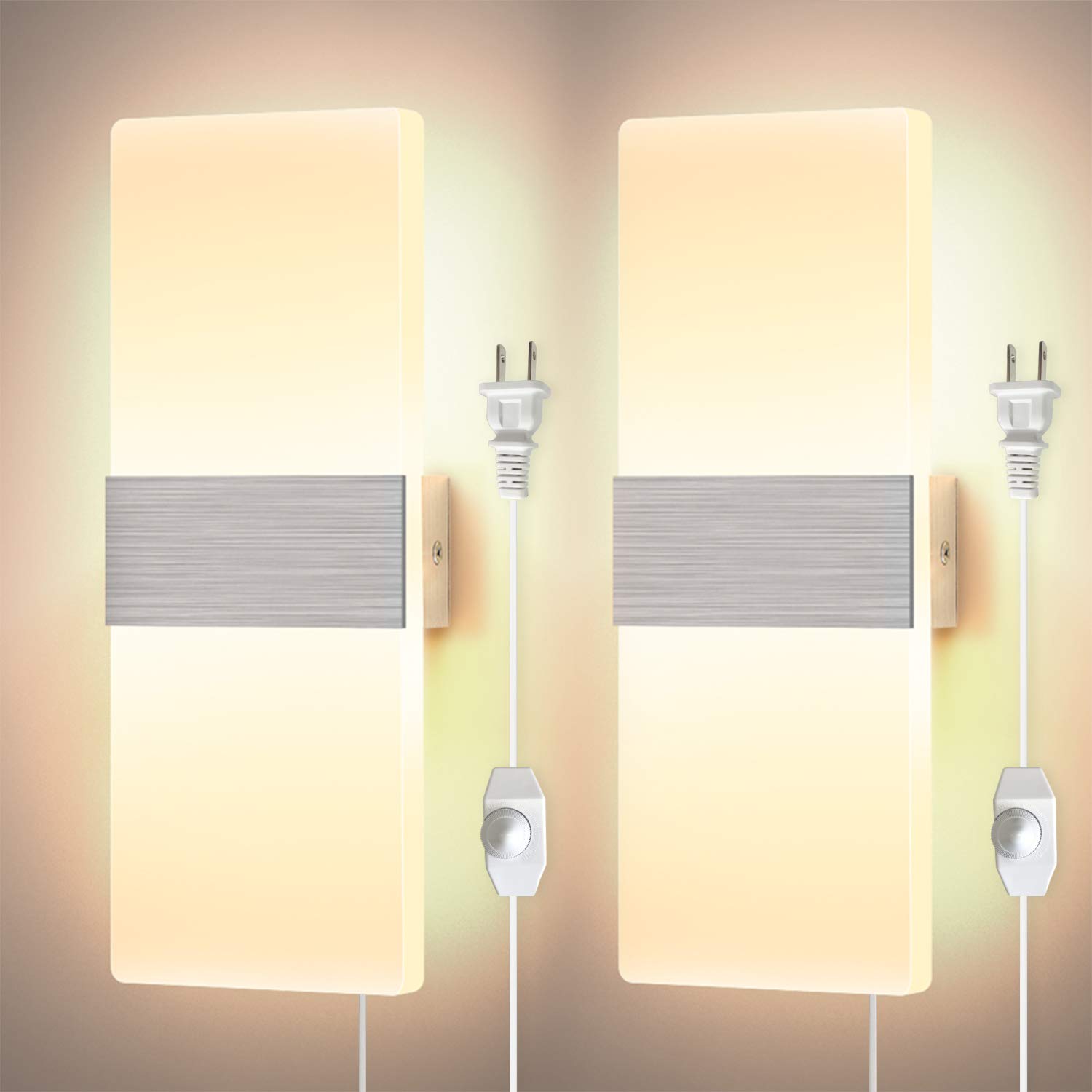 Lightess Dimmable LED Wall Sconce Plug-in Set of 2, 12W Modern Acrylic Wall Light Fixture for Living Room Bedroom - Warm White & Adjustable Brightness | Perfect for Bedside Lighting, Hallway Illumination, and Cozy Ambience