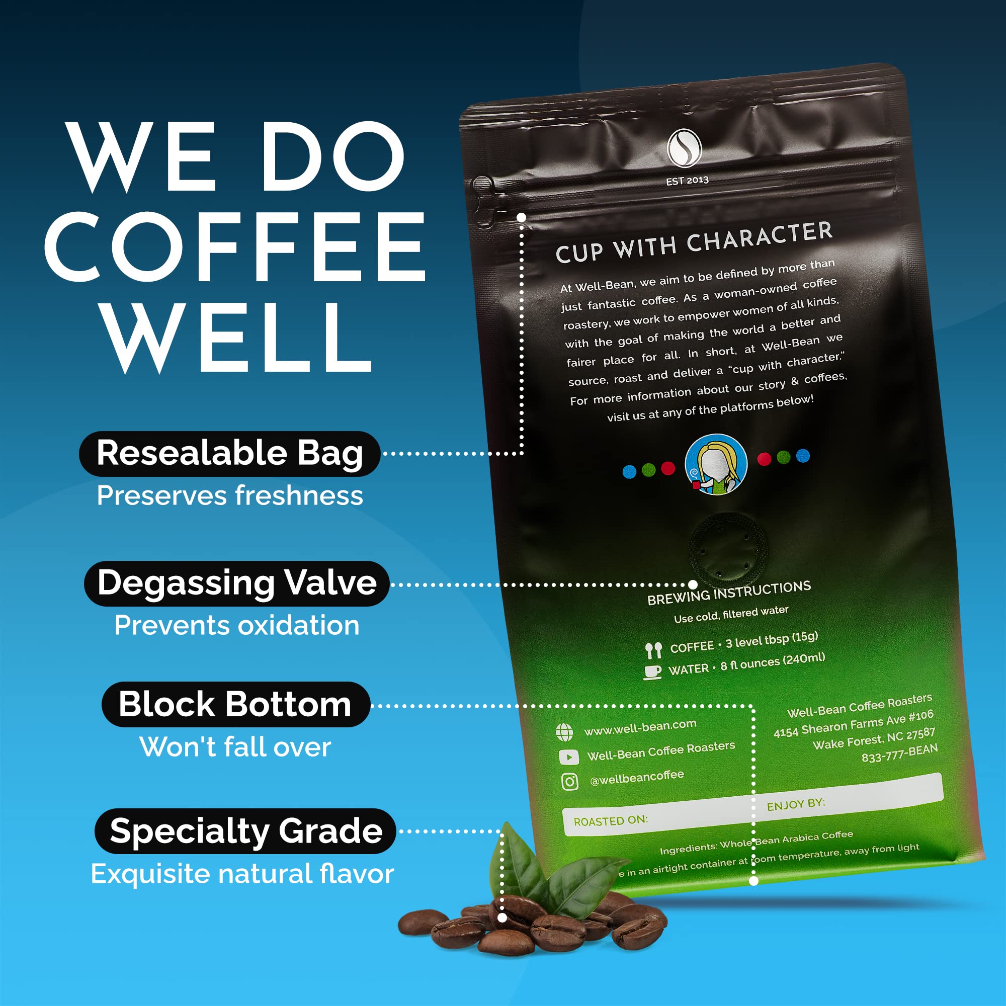 Well-Bean Coffee - Premium Colombian Decaf Whole Bean Coffee, Swiss Water Processed, Light Roast, Vegan Friendly, 12 oz - Perfect for Home Brewing, Office Use & Gifts