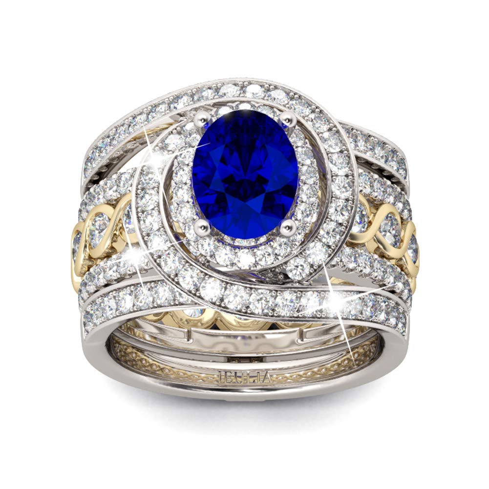 Jeulia Oval Solitaire Engagement Silver Ring - Sterling Silver Bridal Ring Set with Sapphire Blue Cubic Zirconia, Wedding Eternity Band & Jewelry Box | Perfect for Proposals, Anniversaries & Romantic Gifts