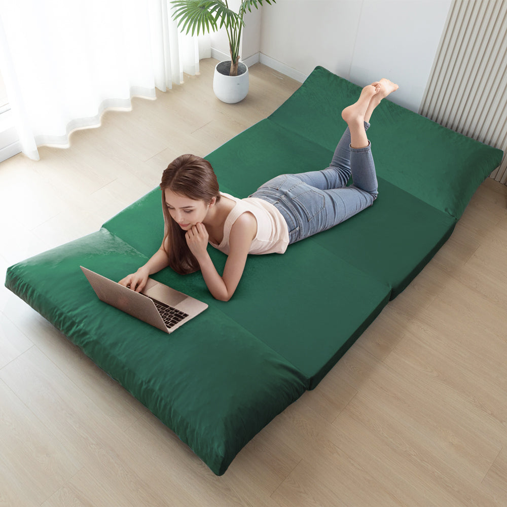 MAXYOYO Velvet Bean Bag Folding Sofa Bed - Washable Cover for Adults, Green | Portable Floor Lounger for Living Room, Bedroom & Dorm