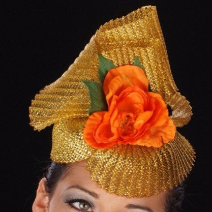 Elegant Gold Horse Hair Fascinator with Orange Flower - Perfect for Weddings, Tea Parties & Special Occasions