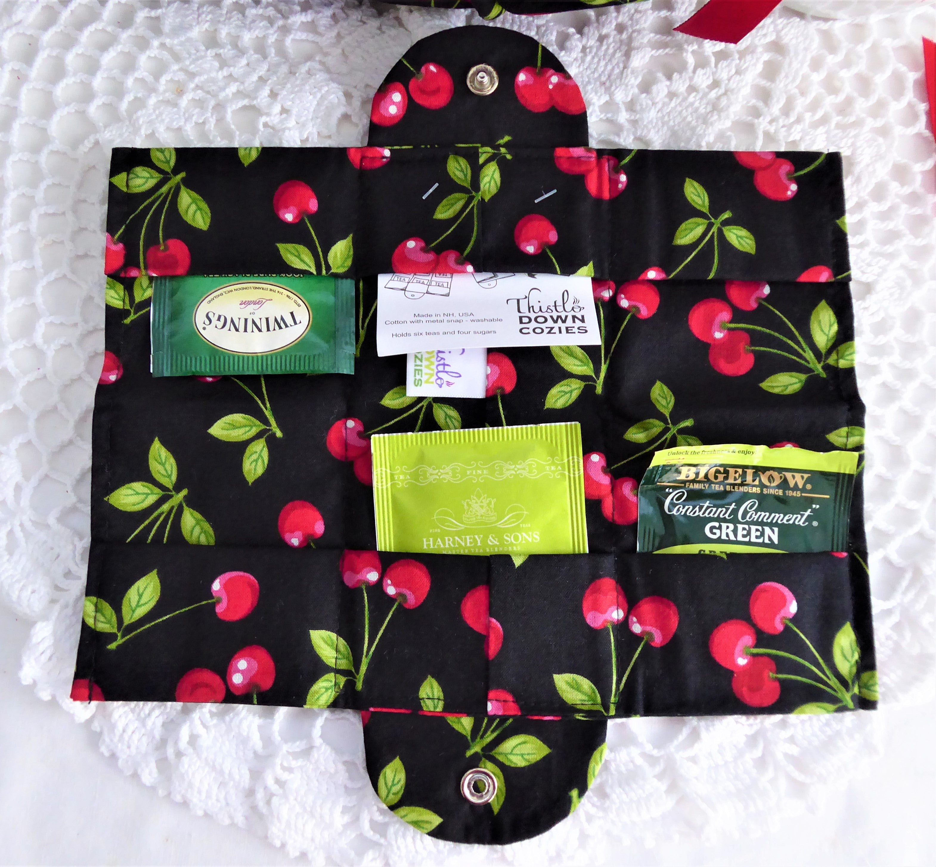 Cherry Polka Dot Tea Cozy and Tea Wallet Set - Insulated Tea Pot Cover & Tea Bag Organizer - Perfect for Tea Lovers, Gift Idea - Use for Afternoon Tea, Kitchen Decor, or Housewarming Present