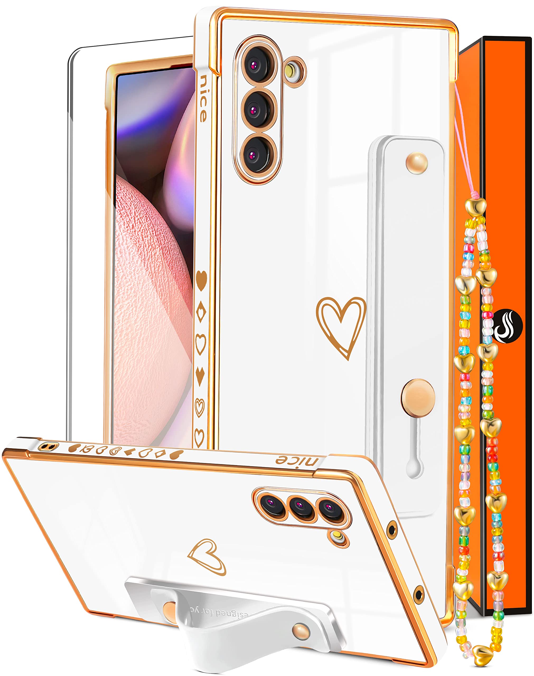 3-in1 Luxury Samsung Galaxy Note 10 Case for Women - Cute Girly Aesthetic Heart Design with Gold Plating & Detachable Chain (White) | Perfect for Everyday Use, Gift Giving & Fashion Accessories - 6.3 inch