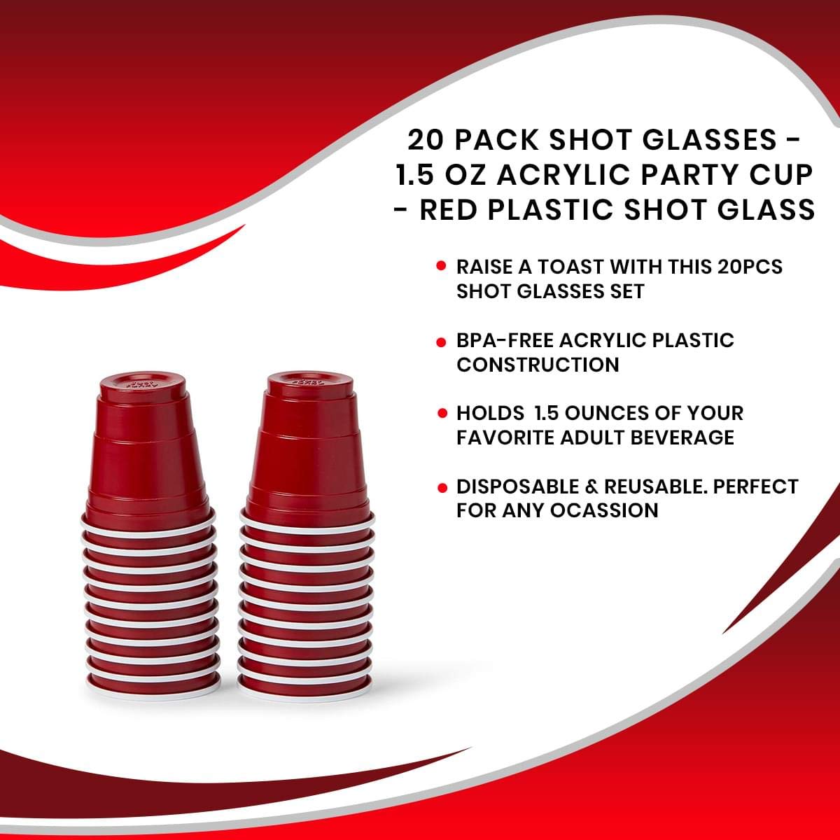 20 Pack 1.5 oz Acrylic Shot Glasses - Red Plastic Party Cups for Drinking, Tasting & Sampling - Disposable Beverage Ware for Birthday Parties, Weddings, Poolside Events & Games - Perfect for Cocktails, Beer, Liquor & Wine Tasting