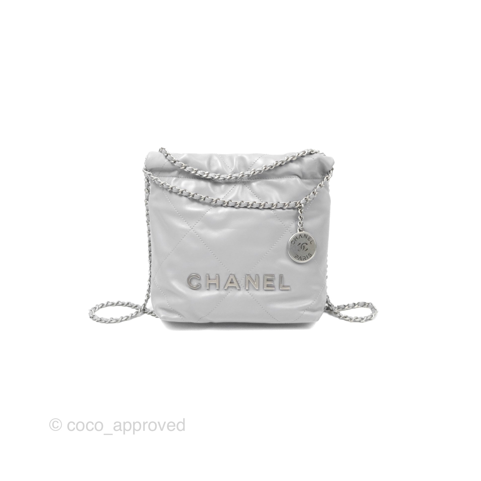 Chanel 22 Mini Bag Light Grey Shiny Crumpled Calfskin with Matte Silver Hardware - Luxury Crossbody Purse for Women, Perfect for Date Night & Evening Events