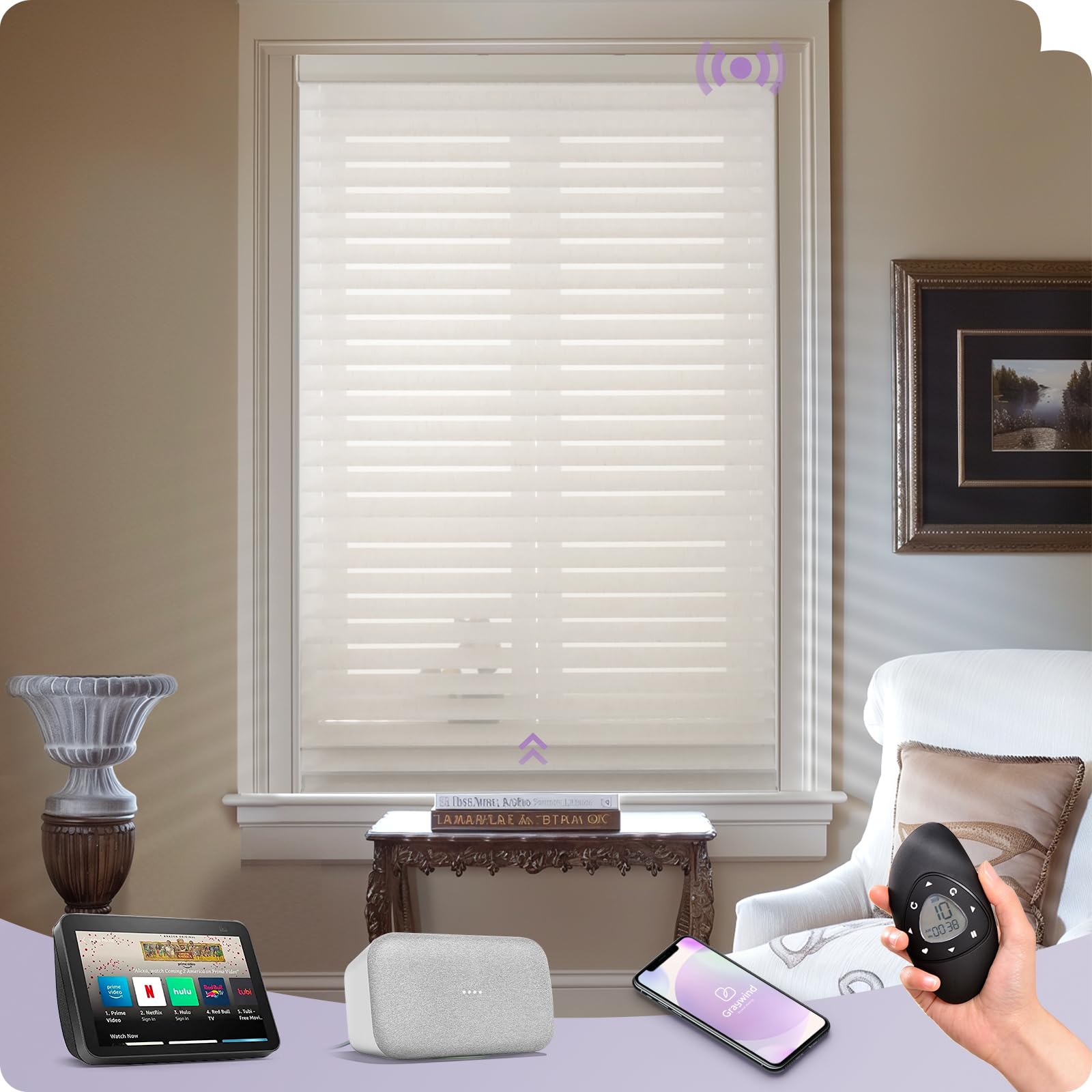 Graywind Motorized Smart Blinds - Textured Shangrila Shades with Alexa & Google Assistant, Rechargeable Battery, Light Filtering & Privacy, Custom Size (Linen Beige) - Perfect for Living Room, Bedroom & Home Office